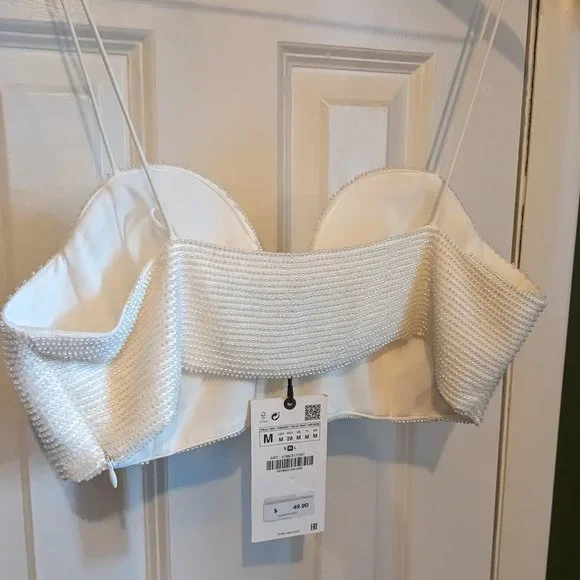 Zara Oyster White Beaded Crop Top NWT - Picture 4 of 5